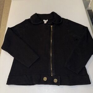 chicos sweater size 2 Zip Up Moto Black Cotton 100% Asymmetrical Soft Chic
